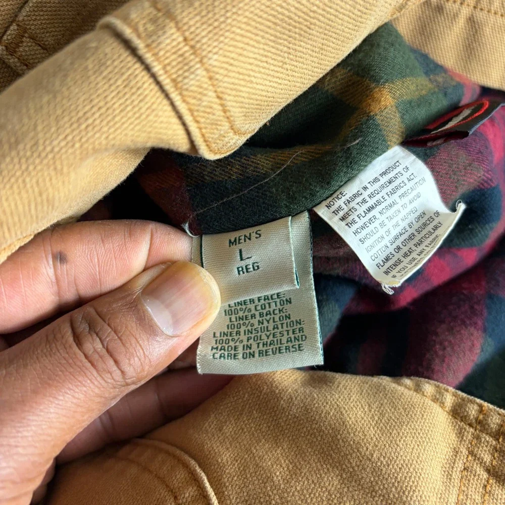 LL Bean Mens Original Field Coat Tan Canvas Primaloft Plaid Lined Jacket L Reg